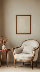 A Minimalist Interior Scene with a Wooden Framed Chair and Artwork on wall in beige tone