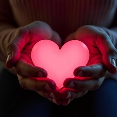 Cupped hands tenderly holding a luminous, glowing heart against a softly blurred background.