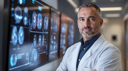 Fototapeta premium Oncology Specialist Analyzing Data Near Advanced Diagnostic Monitors (Healthcare)