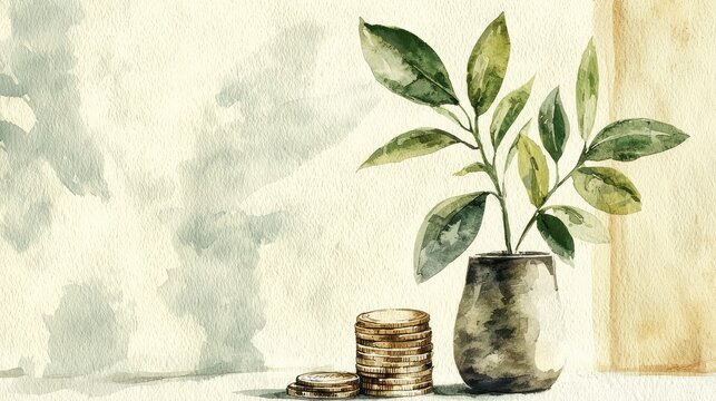 Watercolor illustration of coins and plant in modern interior decor