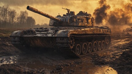 Tank battle at dusk warzone high-resolution dramatic atmosphere ground view