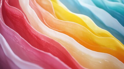 Obraz premium Colorful Waves of Soft Fabric Drapery, Showcasing a Smooth Gradient Transition from Vibrant Pink to Warm Yellow and Soft Blue in a Gentle Flowing Pattern
