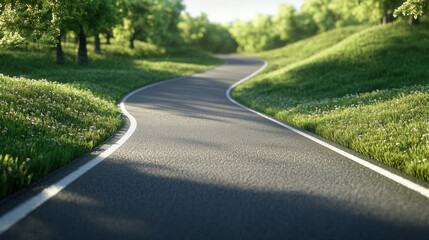 Obraz premium winding road through lush green hills, surrounded by vibrant grass and trees, creates serene and inviting landscape