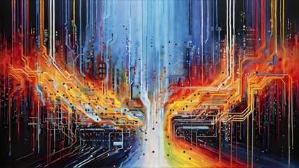 Illustration of abstract data stream cascades over a circuit board transforming into swirling information, AI generated