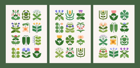 Floral card designs set. Spring nature posters with blooming plants, wildflowers, green leaves. Modern botanical postcards, stylized whimsical blossoms, branches, stems. Flat vector illustration