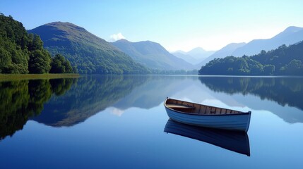 Fototapeta premium Serene boat floating tranquil lake mountain view nature landscape calm environment peaceful viewpoint natural beauty