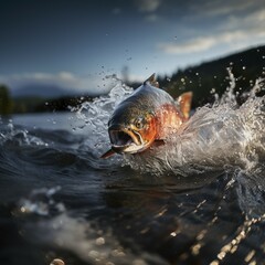 Salmon trout jumps out of the water, ai generated