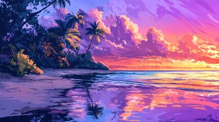 Sunset Paradise: Vibrant Tropical Beach at Dusk