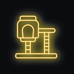 Yellow neon sign of a boxing ring with punching bag on black brick wall background