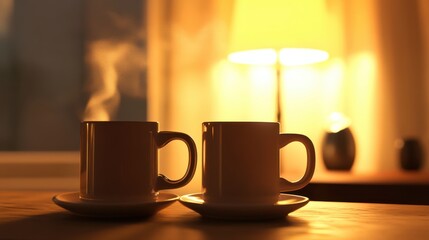 Two matching coffee mugs on wooden table near glowing lamp steam