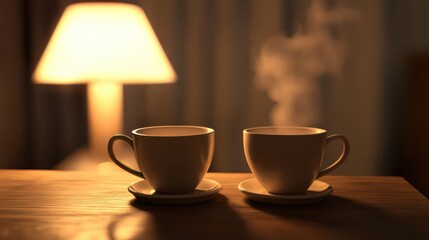 Obraz premium Two matching coffee mugs on wooden table near glowing lamp steam