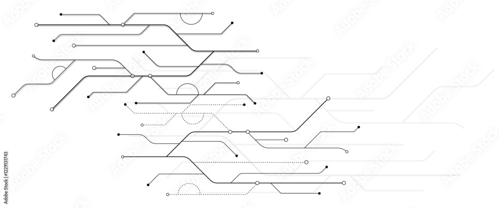 Poster Vector Technology connected white lines and dots with electronics elements on tech bg. Digital technology futuristic internet network speed connection white background.