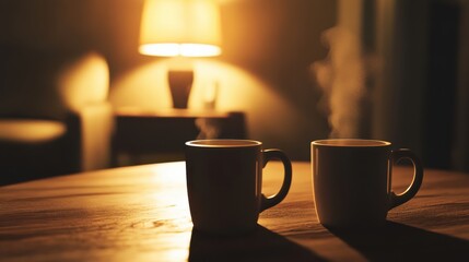 Obraz premium Two matching coffee mugs on wooden table near glowing lamp steam