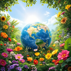 Naklejka premium Earth Nestled Among a Bed of Vibrant and Colorful Flowers