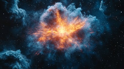 Fototapeta premium A large, bright orange star is surrounded by a cloud of blue and white. The star is the center of attention, with the blue and white clouds surrounding it like a halo