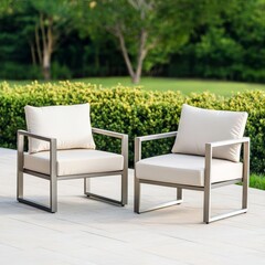 Obraz premium Minimalist aluminum outdoor furniture set with sleek lines and neutral cushions