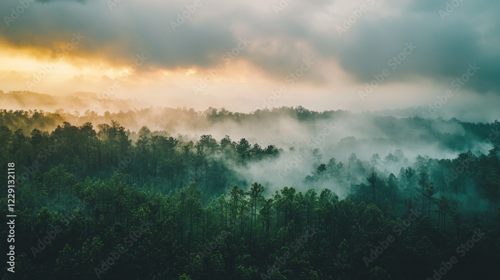 Poster amidst the serene countryside, a vibrant forest stretches below a rich tapestry of clouds. mist roll