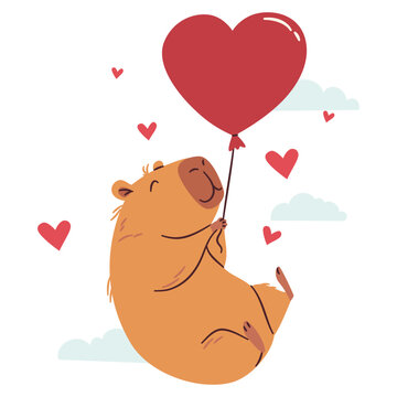 Flat vector illustration in a simple children's style. A cute capybara is flying on heart-shaped balloons. Valentine's Day Holiday. Vector illustration