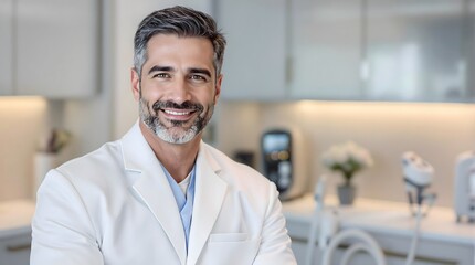 Obraz premium Cosmetic expert in a sleek clinical environment standing near a microdermabrasion machine for skin rejuvenation (Healthcare)