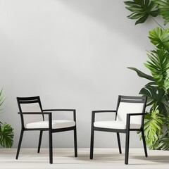 Minimalist black-framed dining chairs with weatherproof cushions