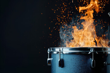 Close-up of a white drum with flames and flying sparks against a dark background, creating a powerful, energetic, and dramatic visual concept.
