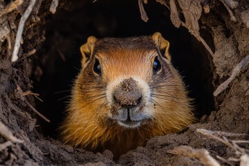 A close-up shot of a small animal peeking out from a hole