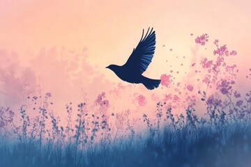 Fototapeta premium Bird in Flight over Wildflowers at Sunset: A Serene Nature Scene