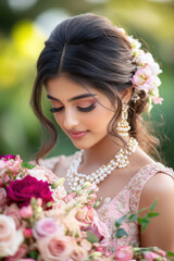 Naklejka premium a romantic wedding mood board featuring a young indian bride in a light pink gown with floral details, surrounded by bouquets