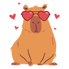 Flat vector illustration in a simple children's style. Cute capybara wearing heart-shaped sunglasses. Valentine's Day Holiday. Vector illustration