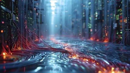 Illustration of abstract data stream cascades over a circuit board transforming into swirling information, AI generated