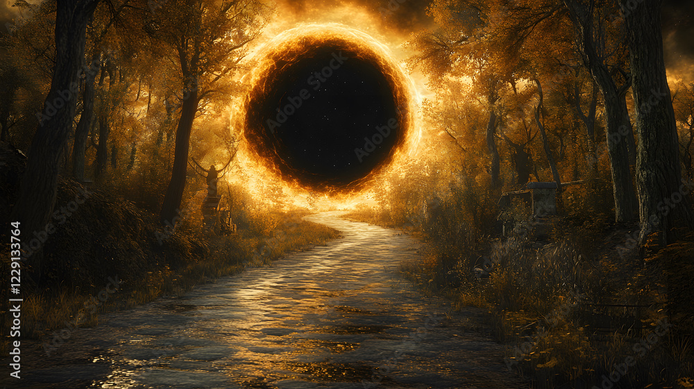 Poster a mystical forest path leads to an ethereal golden portal, surrounded by glowing foliage and dark sh