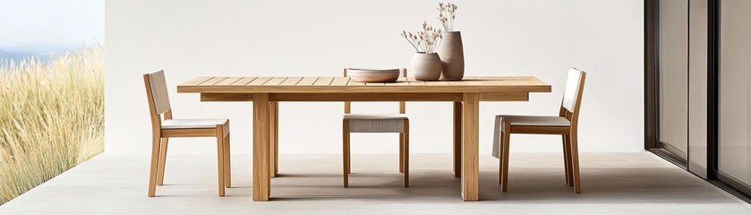 Minimalist outdoor dining set with wide teak planks and slim chairs