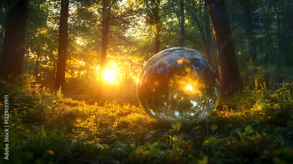 Poster a reflective sphere glimmers in a sunlit forest, surrounded by lush greenery and soft sunlight filte