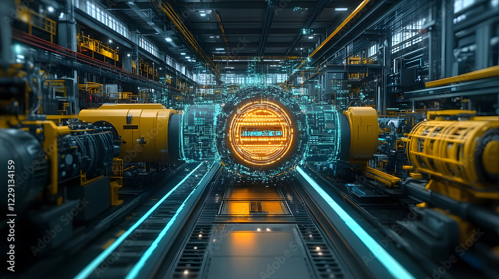 Poster Futuristic industrial scene featuring glowing technology and machinery, creating a dynamic and high-tech atmosphere