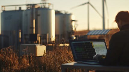 Off-grid e-methanol production powered by wind farm and solar panels in the background, with an engineer using a laptop in the right corner to analyze data.