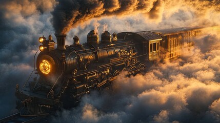 Vintage steam train above clouds at sunset.