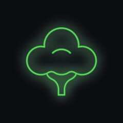 Green neon sign shaped like a broccoli vegetable on a black background