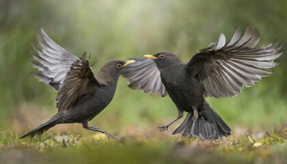 Obraz premium Animal, bird, blackbird, Turdus merula, two birds fight, fight, AI generated, AI generated