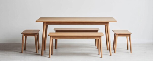 Minimalist teak dining table with matching streamlined benches