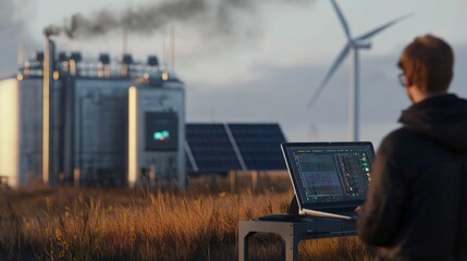 Off-grid e-methanol production powered by wind farm and solar panels in the background, with an engineer using a laptop in the right corner to analyze data.