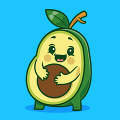 An adorable avocado character hugging its pit, with a happy expression 