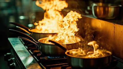 Dramatic Kitchen Scene with Flames and Cooking Pots in Action