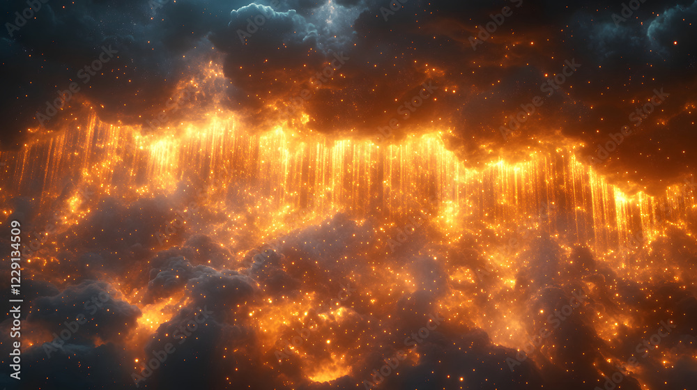 Poster fiery orange light cascades through dark clouds, creating a dramatic and mystical atmosphere reminis