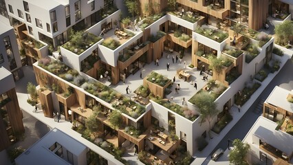 3d render of a compact community of interconnected artists studios in co living, AI generated