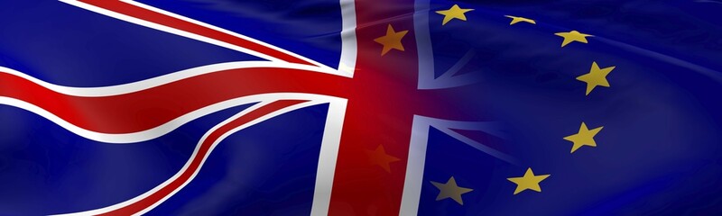Flags of the EU and the UK as panorama, Brexit concept background, 3d rendering