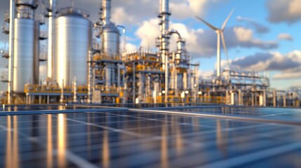 Fototapeta premium Off-grid e-methanol production using energy from wind farms and solar panels in the background.