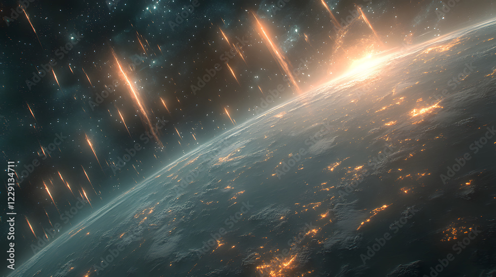 Poster A dramatic view of a planet with fiery meteors cascading through space, illuminated by a rising sun in the background
