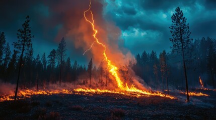 Intense Forest Fire with Lightning Strike under Dark Stormy Sky