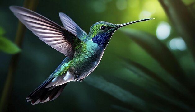 Blue-green iridescent hummingbird buzzing in the tropical rainforest, AI generated, AI generated