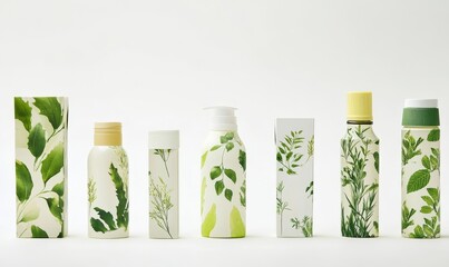 Cosmetic Set of Blank Label Bottles for Organic Natural Products with Green Leaves, Mockup Packaging for Cream, Serum, Conditioner, Perfume on White Background, Natural Beauty Concept, 